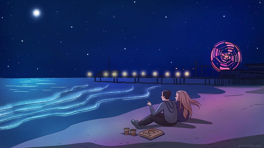 Lofi Couple Relaxing on Beach at Night with Moon and Ferris Wheel HD wallpaper