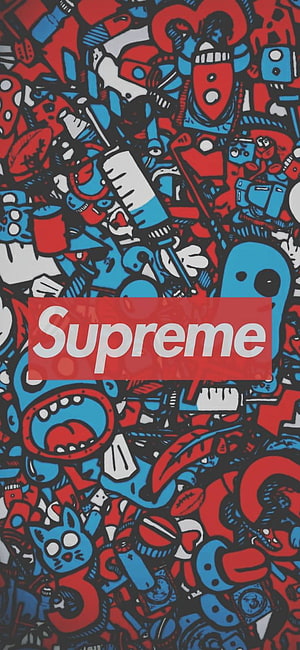 Supreme Brand Logo Over Vibrant Red Blue Doodle Art Pattern Background HD phone wallpaper