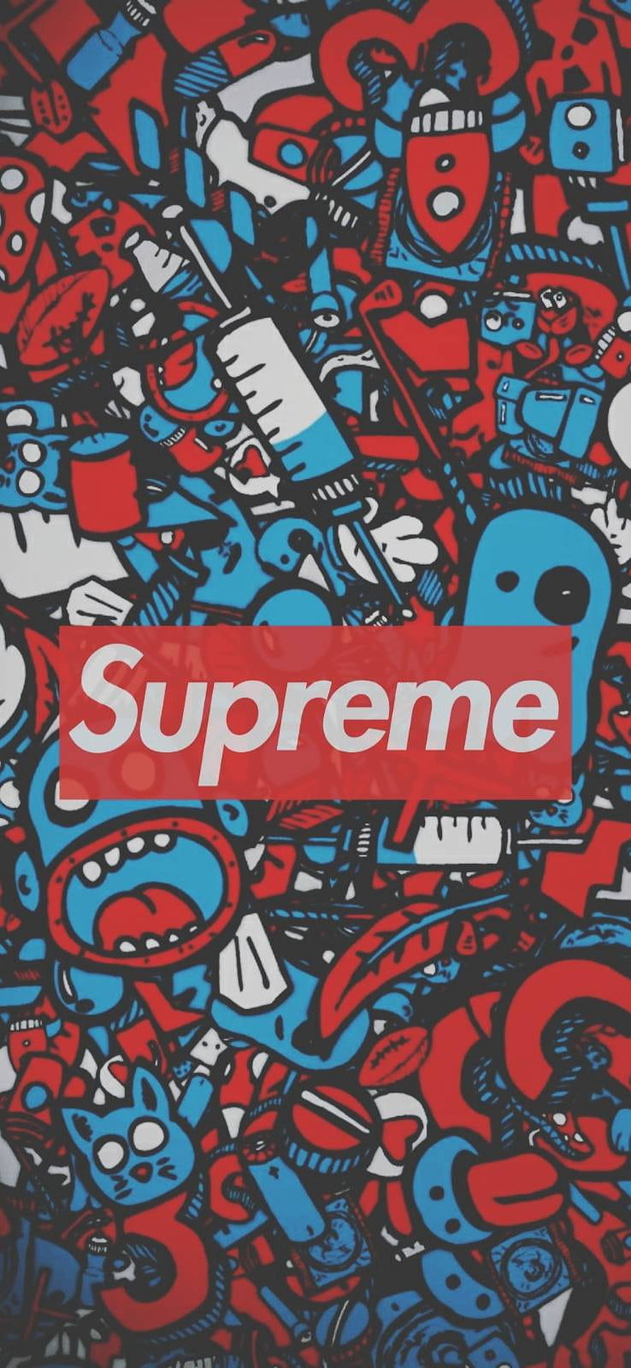 Supreme Brand Logo Over Vibrant Red Blue Doodle Art Pattern Background HD phone wallpaper