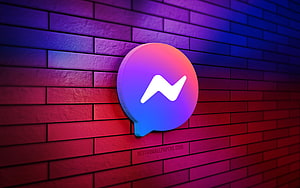 Facebook Messenger 3D Logo on Vibrant Gradient Brick Wall HD wallpaper
