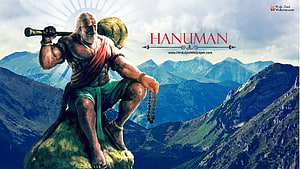 Hanuman Seated on Mountain Peak with Mace and Prayer Beads in Dramatic Digital Art, Angry Hanuman & , Hanuman PC HD wallpaper