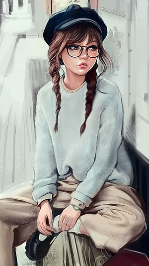 Digital Painting of a Girl with Braids and Glasses Wearing a Beret and Sweater HD phone wallpaper
