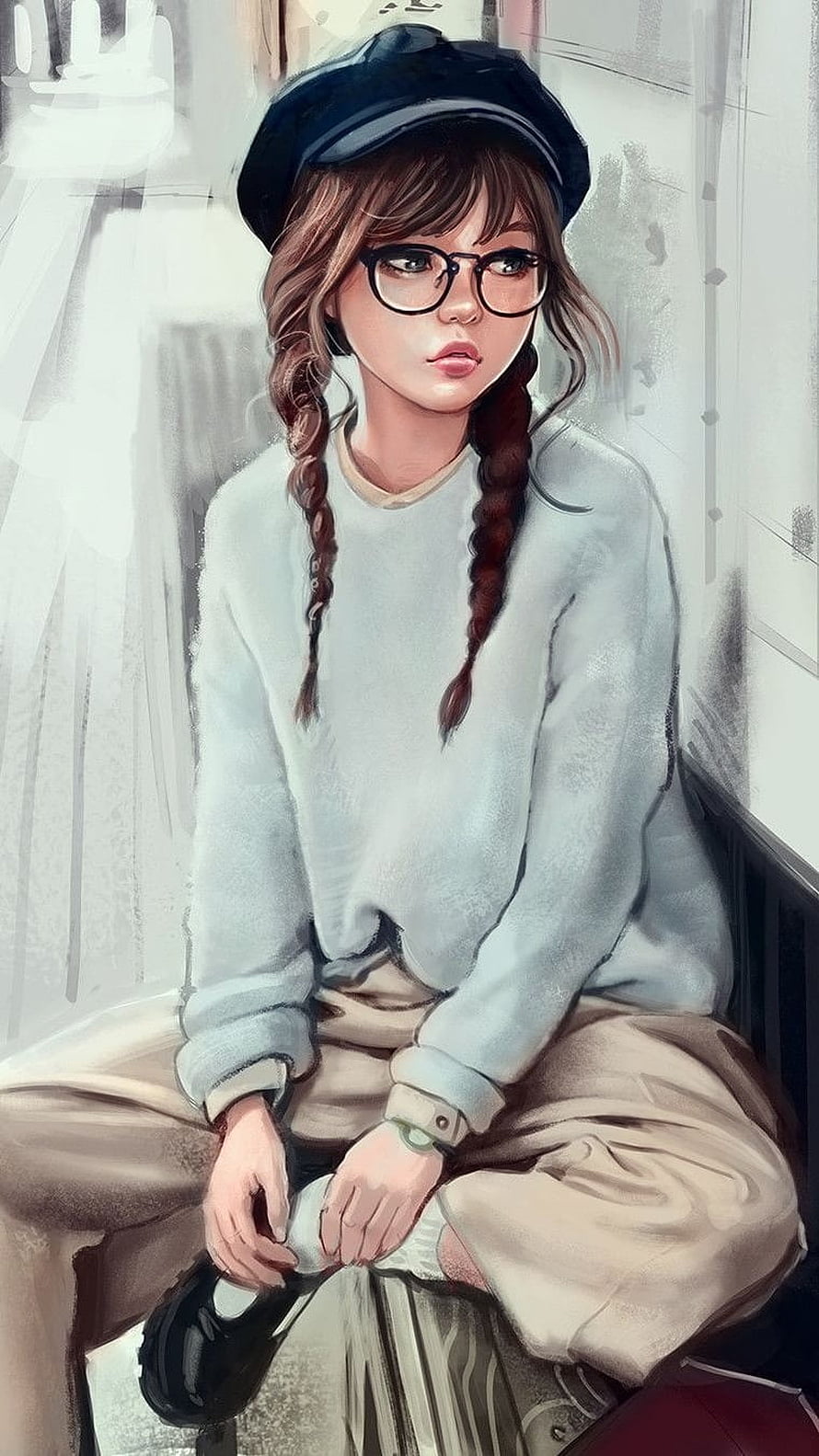 Digital Painting of a Girl with Braids and Glasses Wearing a Beret and Sweater HD phone wallpaper