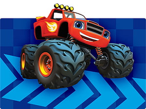 Blaze the Red Monster Truck with Cartoon Face and Flame Decal on Blue Background HD wallpaper