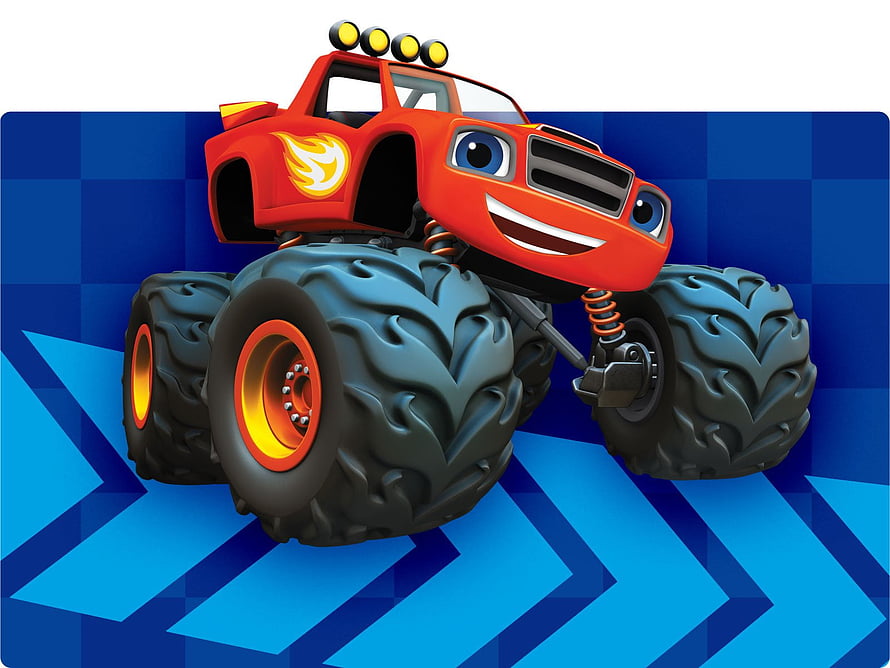Blaze the Red Monster Truck with Cartoon Face and Flame Decal on Blue Background HD wallpaper