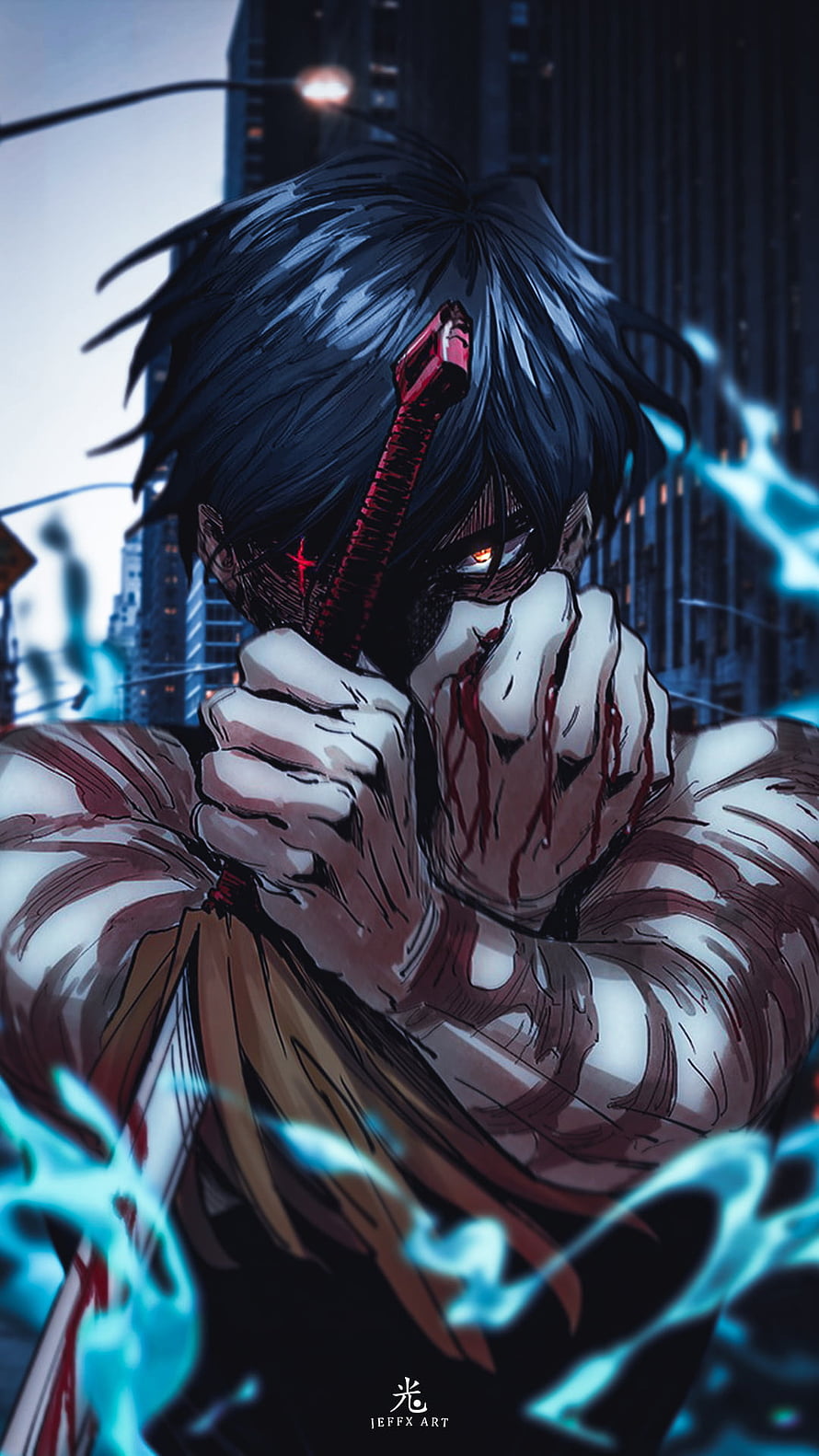 Maki Zenin Jujutsu Kaisen Anime Character with Red Sword and Blue Energy HD phone wallpaper