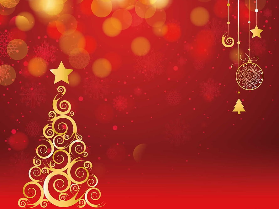 Festive Christmas Tree with Golden Ornaments and Bokeh Lights on Red Background HD wallpaper