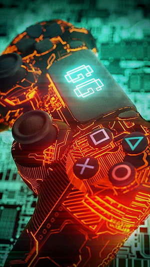 Glowing Circuit Board PS4 Controller with Neon Orange and Teal Lighting HD phone wallpaper