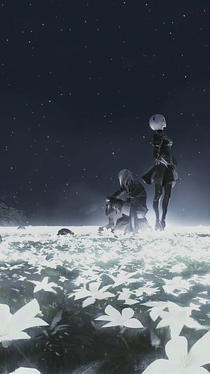 2B and 9S in a Field of White Flowers Under a Starry Night Sky HD phone wallpaper
