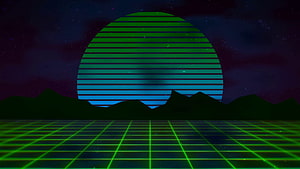 Retro Synthwave Sunset with Neon Green Grid and Silhouetted Mountains HD wallpaper