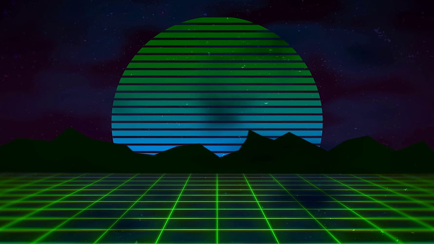 Retro Synthwave Sunset with Neon Green Grid and Silhouetted Mountains HD wallpaper