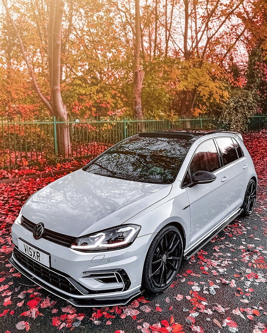 Silver Volkswagen Golf R MK7.5 parked on a path covered in red autumn leaves HD phone wallpaper