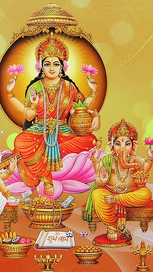 Lakshmi and Ganesha Devotional Illustration with Offerings and Golden Background HD phone wallpaper