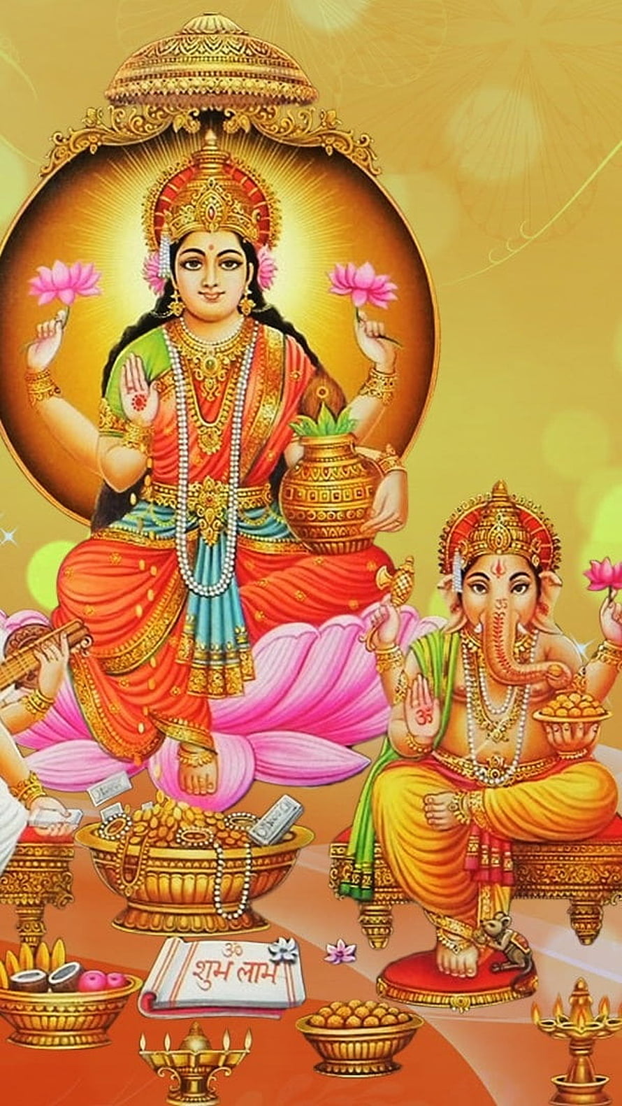 Lakshmi and Ganesha Devotional Illustration with Offerings and Golden Background HD phone wallpaper