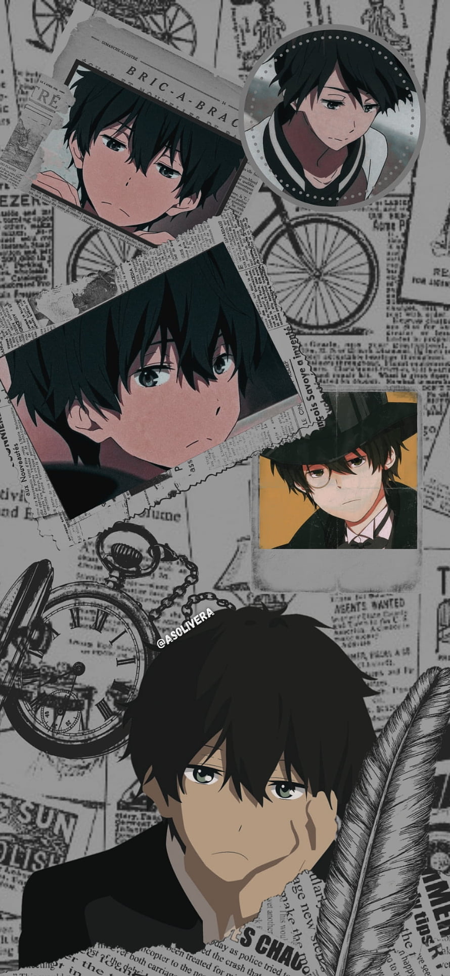 Oreki Houtarou from Hyouka in a vintage newspaper collage with pocket watch and feather pen HD phone wallpaper