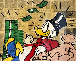 Alec Monopoly Scrooge McDuck Street Art Mural With Money Stacks And Newspaper Background HD wallpaper