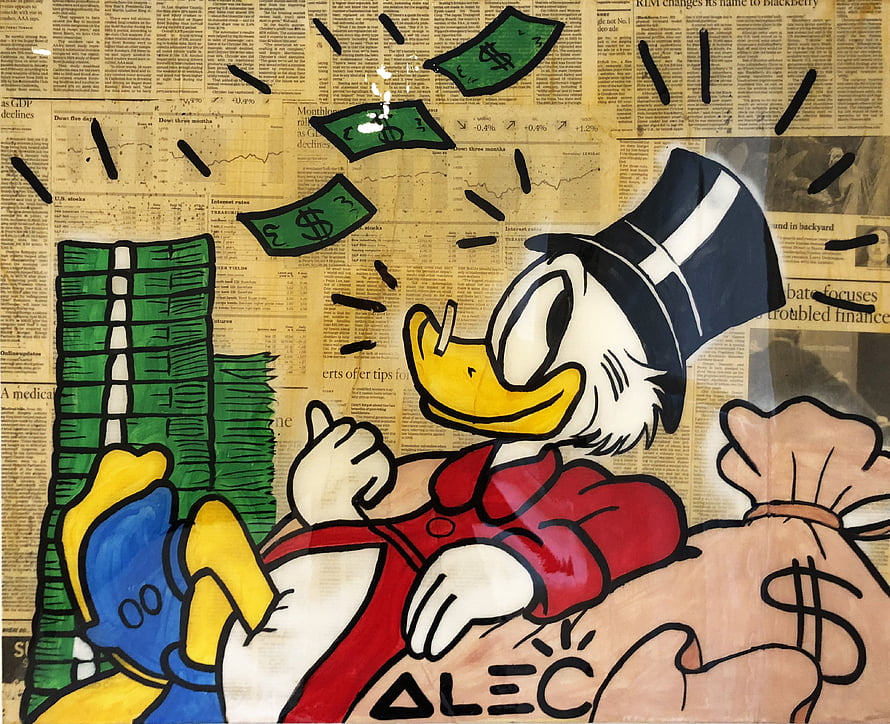 Alec Monopoly Scrooge McDuck Street Art Mural With Money Stacks And Newspaper Background HD wallpaper