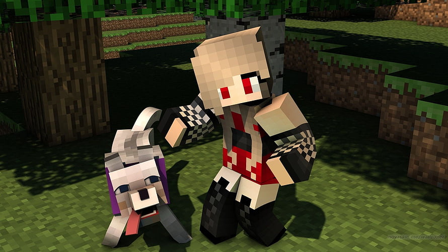 Minecraft Custom Skin Character with Pet Dog in Blocky Forest Landscape HD wallpaper