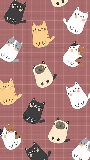 Cute Kawaii Cat Pattern Wallpaper on Dusty Rose Grid Background HD phone wallpaper