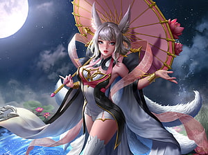 Silver Fox Spirit Holding Pink Parasol Under Full Moon HD wallpaper