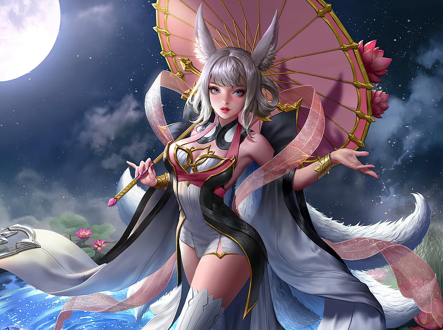 Silver Fox Spirit Holding Pink Parasol Under Full Moon HD wallpaper