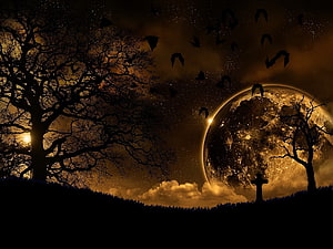 Eerie Halloween Night Scene with Bats, Bare Trees, and a Glowing Planet HD wallpaper