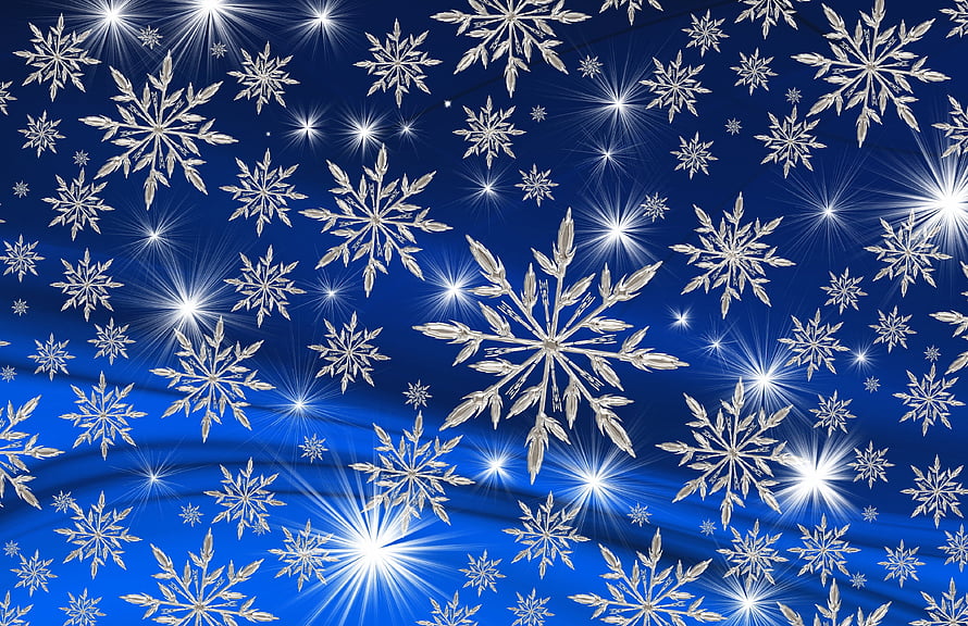 Festive Winter Snowflakes and Sparkling Stars on Deep Blue Background HD wallpaper