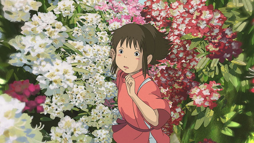 Chihiro from Spirited Away Standing in a Vibrant Garden of White and Red Flowers HD wallpaper
