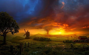 Dramatic Sunset Over Rural Farm with Windmill and Tornado HD wallpaper