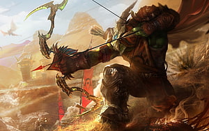 World of Warcraft Orc Hunter Drawing Ornate Bow on Desert Battlefield HD wallpaper