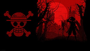 One Piece Red Skull Jolly Roger with Silhouetted Figures in Dark Forest HD wallpaper