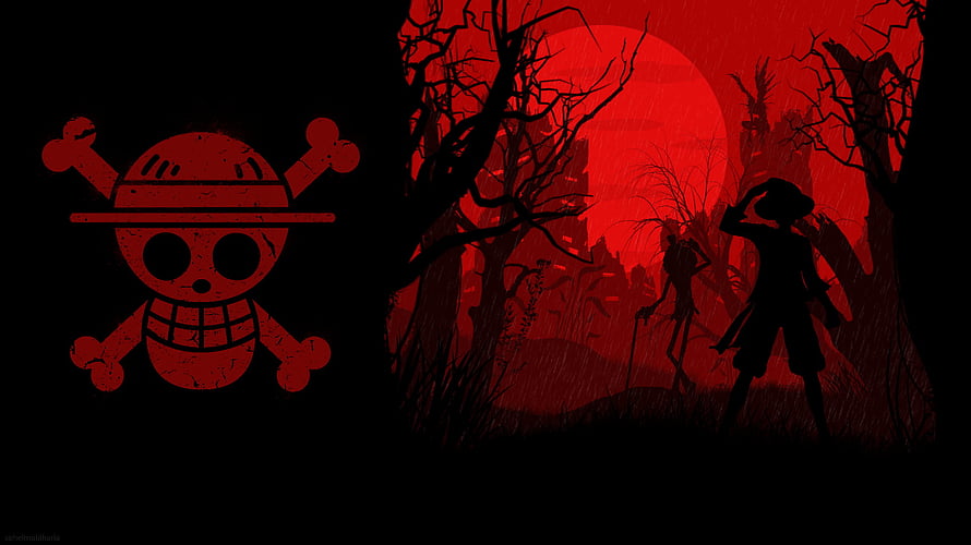 One Piece Red Skull Jolly Roger with Silhouetted Figures in Dark Forest HD wallpaper