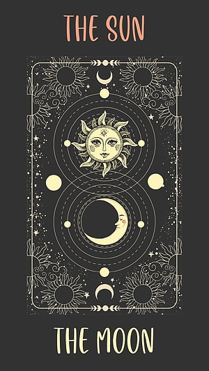 Sun and Moon Celestial Tarot Card Illustration with Vintage Line Art and Cosmic Orbs HD phone wallpaper