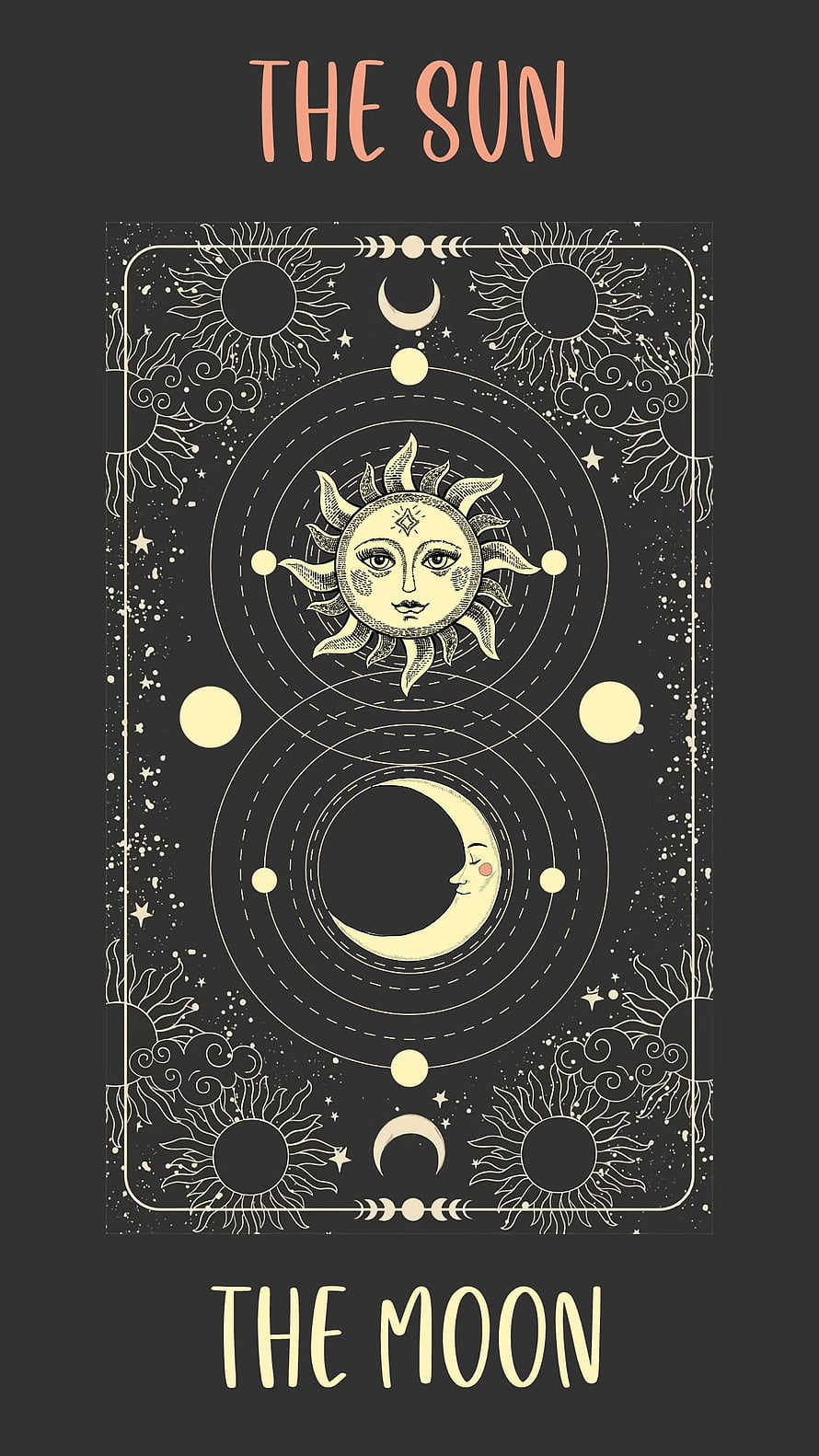 Sun and Moon Celestial Tarot Card Illustration with Vintage Line Art and Cosmic Orbs HD phone wallpaper