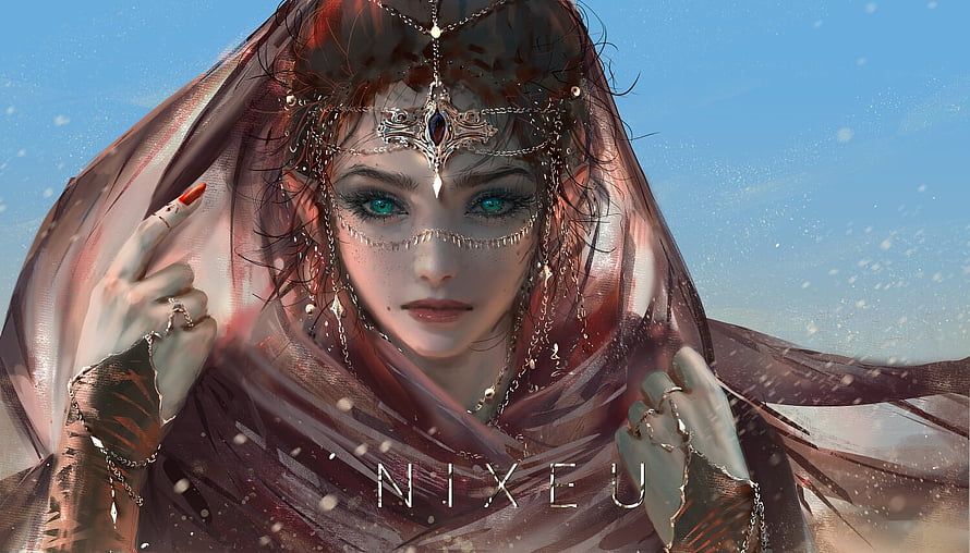 Nixeu Fantasy Portrait of a Veiled Woman with Intricate Jewelry and Blue Eyes HD wallpaper