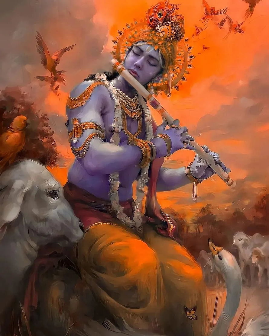 Lord Krishna Playing Flute in Golden Sunset with Peacock Crown and White Bull HD phone wallpaper