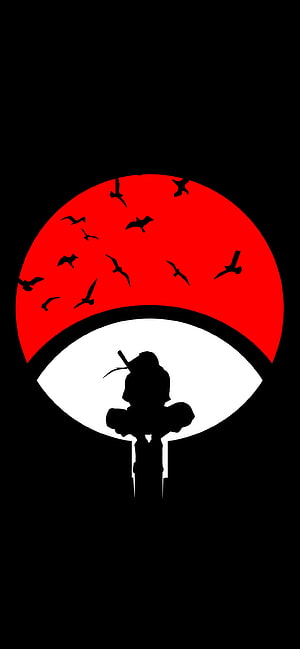 Itachi Uchiha Silhouette Against Red Sun and Birds in Minimalist Dark Art HD phone wallpaper
