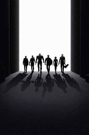 Avengers Endgame Team Silhouettes Walking Toward Bright Light in Dark Corridor HD phone wallpaper