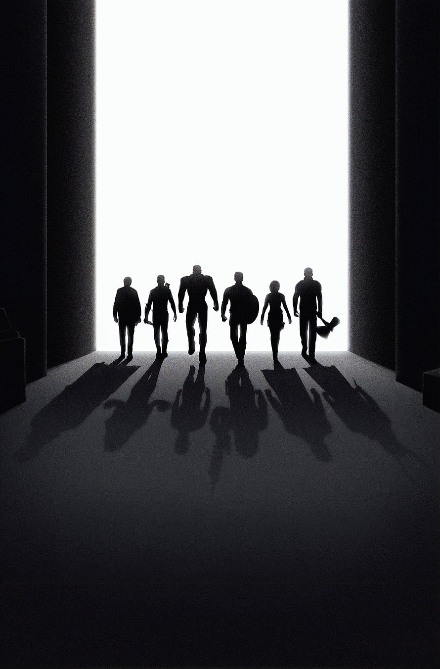 Avengers Endgame Team Silhouettes Walking Toward Bright Light in Dark Corridor HD phone wallpaper