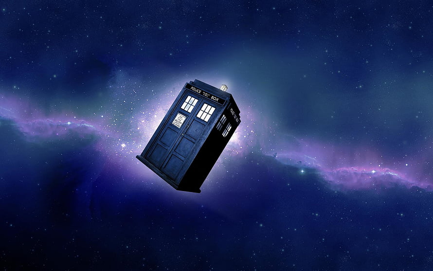 TARDIS Floating in a Vibrant Purple and Blue Nebula Space Scene HD wallpaper