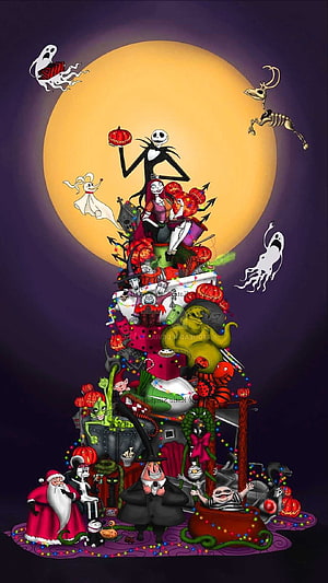 The Nightmare Before Christmas Holiday Tree Illustration Featuring Jack Skellington and Sally HD phone wallpaper