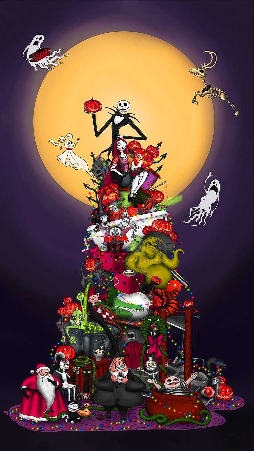 The Nightmare Before Christmas Holiday Tree Illustration Featuring Jack Skellington and Sally HD phone wallpaper
