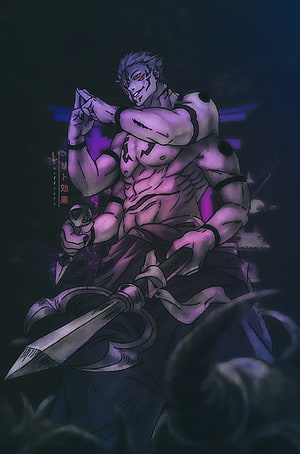 Ryomen Sukuna from Jujutsu Kaisen Wielding a Dagger in Dark Purple Lighting HD phone wallpaper