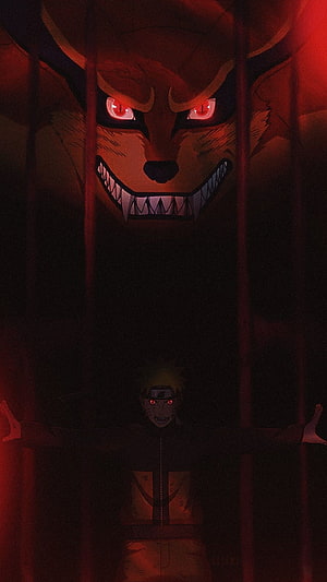 Naruto Uzumaki and Kurama Nine-Tailed Fox in Dark Red Anime Artwork HD phone wallpaper