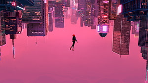 Spider-Man swinging through a surreal pink cyberpunk cityscape with inverted skyscrapers HD wallpaper