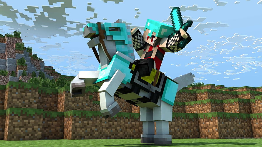 Minecraft Character Riding Diamond Horse in Blocky Landscape HD wallpaper