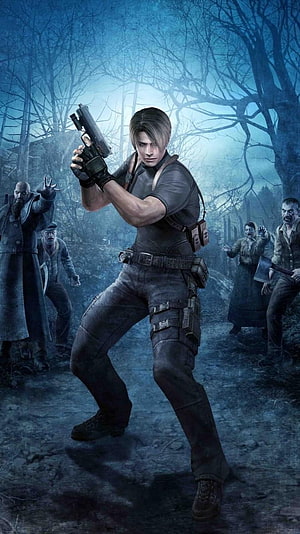 Leon S. Kennedy Aiming Pistol in Misty Forest Surrounded by Villagers in Resident Evil 4 HD phone wallpaper