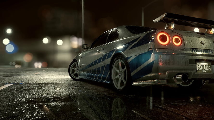 Nissan Skyline GT-R Night Street Scene with Blue Racing Livery and Wet Asphalt Reflections HD wallpaper