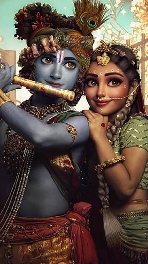 Radha Krishna Digital Art Portrait with Flute and Peacock Feather Crown HD phone wallpaper