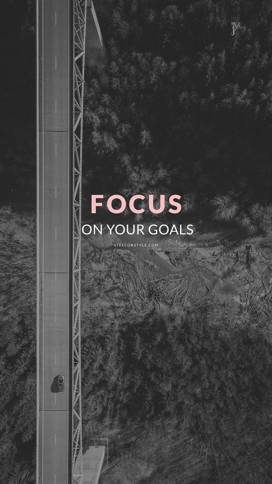 Aerial View of a Single Car on a Highway Bridge Through a Dark Forest with Motivational Text Overlay HD phone wallpaper